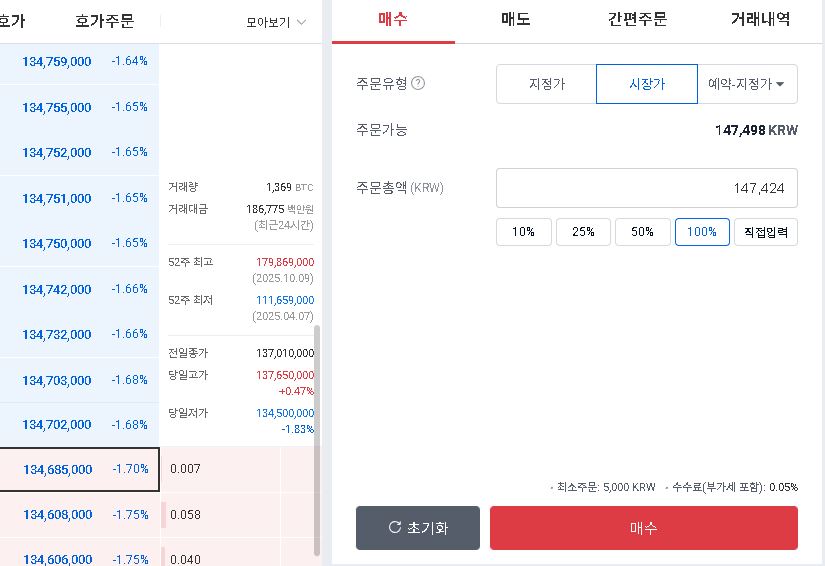 업비트 비트코인 시장가 매수